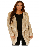 Gilet asymétrique beige à paillettes col cascade.